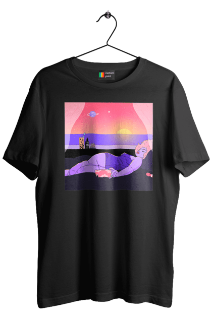 Футболка чоловіча з принтом "Фіолетова Дівчина На Відпочинку". Дівчина, захід, телефон. 2070702