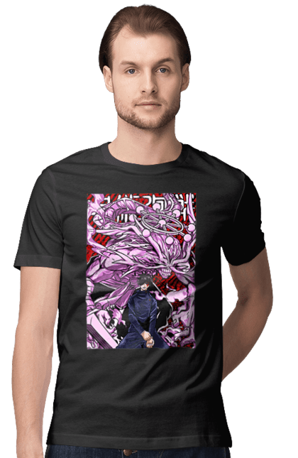 Men's t-shirt with prints Jujutsu Kaisen Megumi. Anime, dark fantasy, fushiguro, fushiguro megumi, jujutsu kaisen, magic battle, manga, megumi, mystic. 2070702