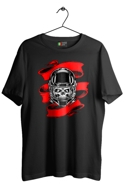 Футболка чоловіча з принтом "Череп в мотошоломі". Мото, стрічка, череп, шолом. 2070702