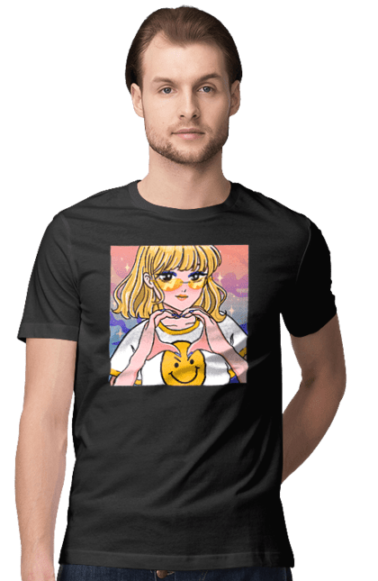 Футболка чоловіча з принтом "Жовта Дівчинка". Аніме, дівчинка, смайл. 2070702