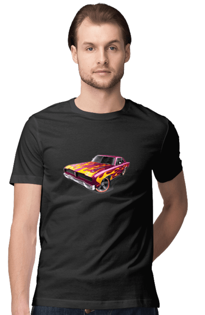 Футболка чоловіча з принтом "Кастом автомобіль". Авто, автомобіль, аерографія, вогонь, кастом, машина, полум я, тюнінг. 2070702