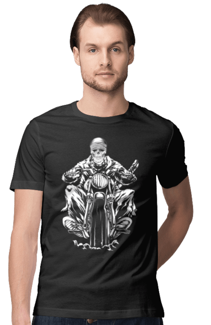 Футболка чоловіча з принтом "Череп на мотоциклі". Байкер, мотоцикл, скелет, череп. 2070702