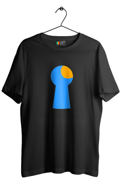 Футболка чоловіча з принтом "Замочная скважина". Відчини двері, двері, замок, ключ, свердловина, світло крізь, цікавість, щілина. 2070702