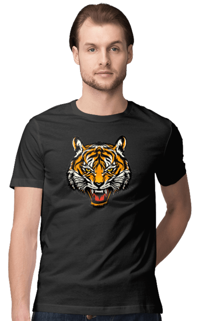 Футболка чоловіча з принтом "Голова жовтого тигра". Голова тигра, джунглі, жовтий тигр, тварини, тигр. CustomPrint.market