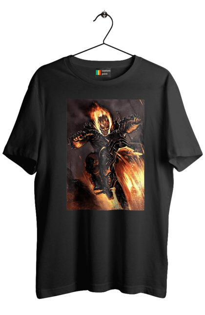 Футболка чоловіча з принтом "Пекельний Гонщик". Вогонь, мотоцикл, пекельний гонщик, скелет, чоппер. 2070702