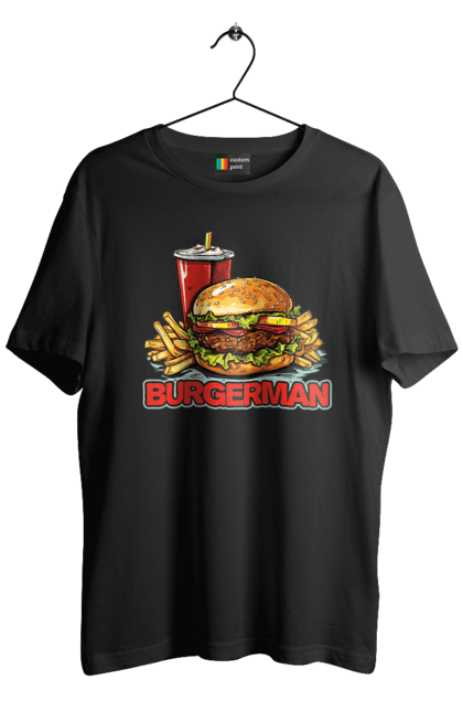 Футболка чоловіча з принтом "Burgerman". Бургер, для чоловіків, їжа, літні, макдональдс, прикольні, трендові, фаст фуд, чоловічі. 2070702