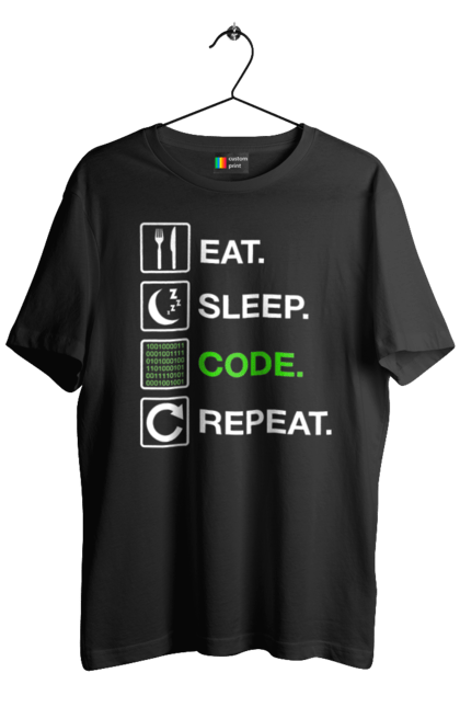 Футболка чоловіча з принтом "Їж Cпи Кодуй Повторюй". Айті, айтішник, для айтішника, для програміста, їж спи, кодуй повторюй, подарунок айтішнику, подарунок програмісту, програміст, розробник. 2070702