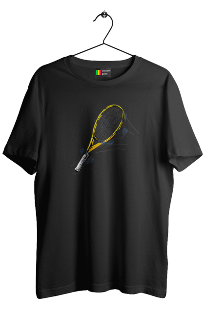 Футболка чоловіча з принтом "Ракетка Великий теніс". Великий теніс, гравці, грунт, м`яч, призовий фонд, ракетка, спонсор, турнір на ґрунті, турнірна сітка. 2070702