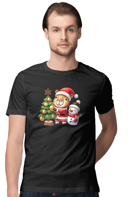 Men's t-shirt with prints Christmas Capybara with a Tree. Animal, capybara, christmas, christmas capybara, christmas tree, gift, holiday, new year, new year`s gift, santa. 2070702