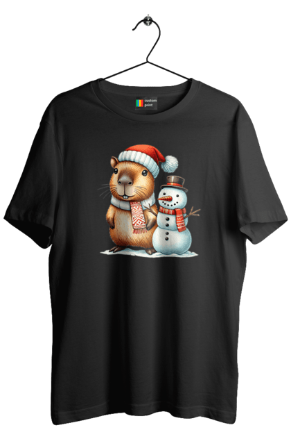 Men's t-shirt with prints Capybara and Snowman. Animal, capybara, christmas, christmas capybara, gift, holiday, new year, new year`s gift, santa, snowman. 2070702