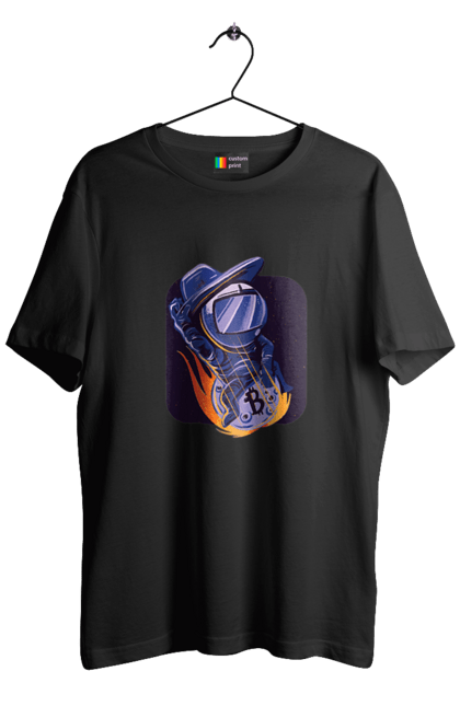 Футболка чоловіча з принтом "Космо біткоїн". Биткоин, бінарний, біткоїн, біткойн, валюта, гроші, крипто, програміст, хакер. 2070702