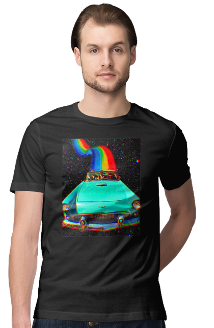 Футболка чоловіча з принтом "Картина, машина у космосі". Веселка, картина, космос, машина, подорожі, поїздка, прикол, ретро. 2070702