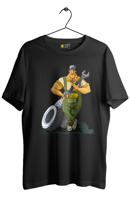 Футболка чоловіча з принтом "Автомайстер". Гайковий ключ, колеса, професія. 2070702