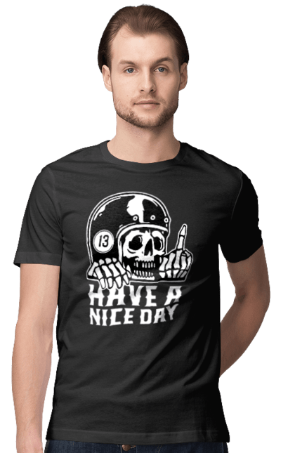 Футболка чоловіча з принтом "Гарного дня". Байкерська, гарного дня, з черепом, тринадцять, фак, череп. 2070702