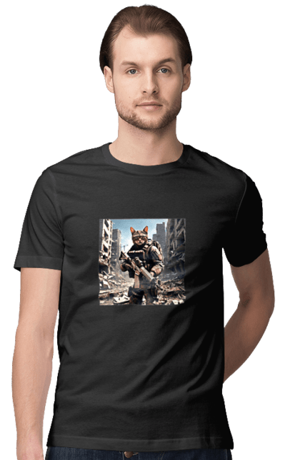 Футболка чоловіча з принтом "Кіт десантник". Бронежилет, війна, військовий, гвинтівка, захисник, камуфляж, кіт, рушниця. 2070702