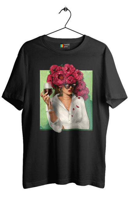 Футболка чоловіча з принтом "Дівчина з півоніями та келихом". Вино, дівчина, квітка, келих, літо, окуляри, півонії, сорочка. 2070702