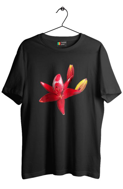 Футболка чоловіча з принтом "Червона лілія". Бутон, квітка, колір, лілія, природа, сонячний, червона квітка, червона лілія, червоний, яскравий. 2070702