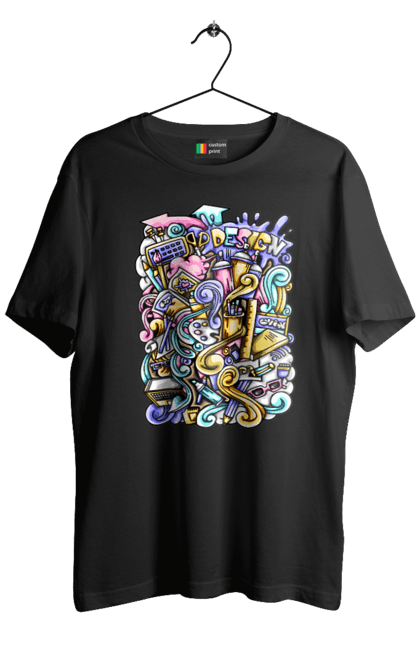 Футболка чоловіча з принтом "Школа навчання". Зошит, калькулятор, канцелярія, навчання, олівець, ручка, школа. 2070702