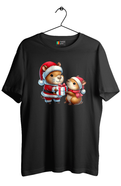 Men's t-shirt with prints Christmas Capybara with a Gift. Animal, capybara, christmas, christmas capybara, gift, holiday, new year, new year`s gift, santa. 2070702