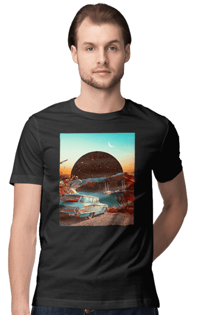 Футболка чоловіча з принтом "Картина, машина біля річки". Картина, машина, планета, прикол, ретро, річка. 2070702