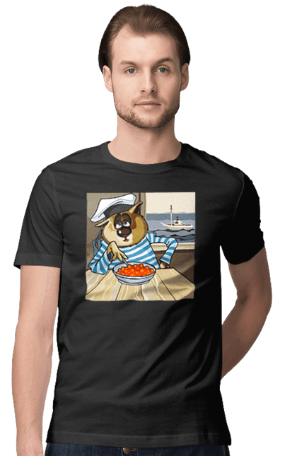 Футболка чоловіча з принтом "Кот Моряк, На Кораблі Їсть Червону Ікру". Ікра, кіт, корабель, моряк. 2070702