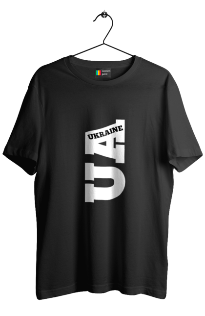 Футболка чоловіча з принтом "Україна". Абревіатура, батьківщина, емблема, логотип, напис, текст, україна. 2070702