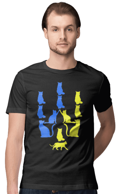 Футболка чоловіча з принтом "Тризуб Жовто Блакині кішки". Воля, герб, герб україни, зсу, кішка, котик, перемога, символи україни, традиції україни, тризуб. ART принт на футболках