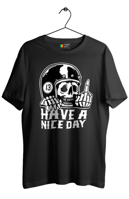Футболка чоловіча з принтом "Гарного дня". Байкерська, гарного дня, з черепом, тринадцять, фак, череп. 2070702
