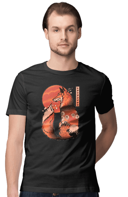 Men's t-shirt with prints Kitsune. Animal, cherry blossoms, flowers, fox, great wave, japan, japanese, kitsune, mount fuji, red fox. 2070702