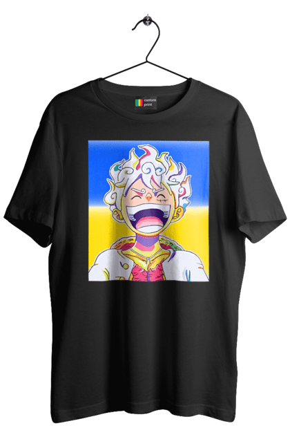 Футболка чоловіча з принтом "Монкі д Луффі сміється на жовто блактному фоні". Ван піс, луффі, монкі д. луффі, прапор україни, символ україни, україна. 2070702