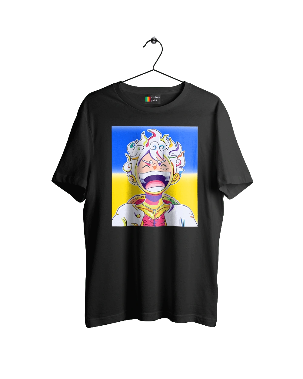 Monkey D Luffy laughing on a yellow blue background