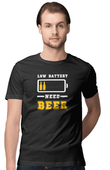 Футболка чоловіча з принтом "Low battery need beer". Алкоголь, брутальні, літні, пиво, прикольні принти, чоловічі. 2070702