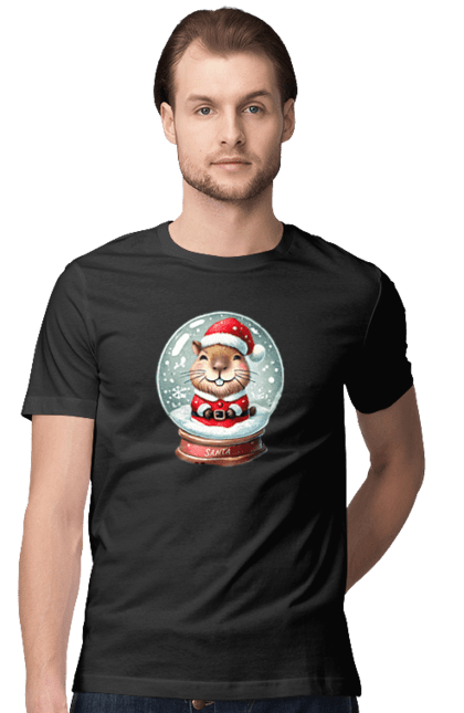 Men's t-shirt with prints Capybara in a snow globe. Animal, capybara, christmas, christmas capybara, gift, holiday, new year, new year`s gift, santa, snow globe. 2070702