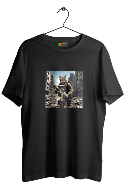 Футболка чоловіча з принтом "Кіт десантник". Бронежилет, війна, військовий, гвинтівка, захисник, камуфляж, кіт, рушниця. 2070702