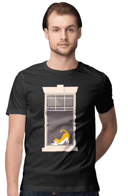 Футболка чоловіча з принтом "Кіт В Вікні". Вікно, кіт, потягушки, рудий. 2070702