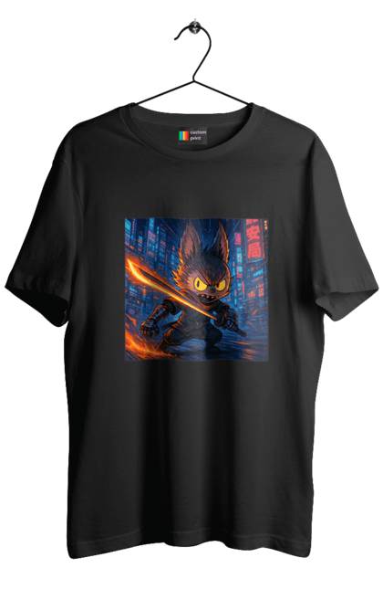 Футболка чоловіча з принтом "Лабубу". Аніместиль, дія, катана, кіберніндзя, кіберпанк, лабубу, меч, неонове місто, очі` що світяться. 2070702