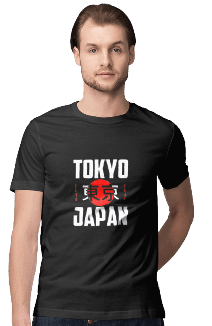 Футболка чоловіча з принтом "Токіо". Азія, ієрогліфи, кіото, острів, сакура, столиця, токіо, фудзіяма, японія. KRAINA. Футболки для мандрівників
