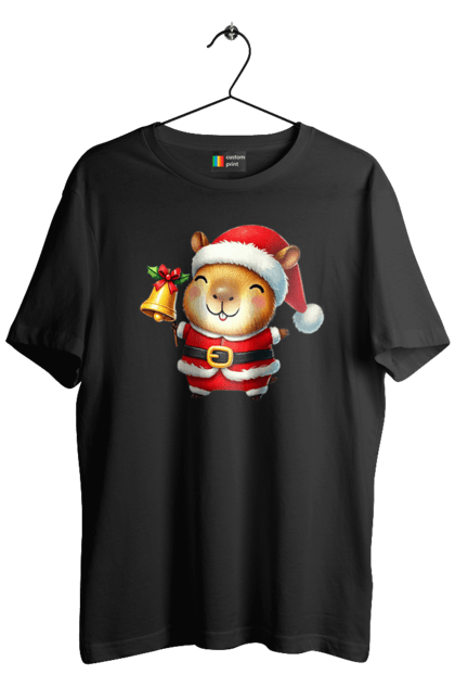 Men's t-shirt with prints Funny capybara with a bell. Animal, bell, capybara, christmas, christmas capybara, gift, holiday, new year, new year`s gift, santa. 2070702