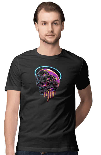 Men's t-shirt with prints Skull. Black and white, bones, neon, scull, teeth. 2070702