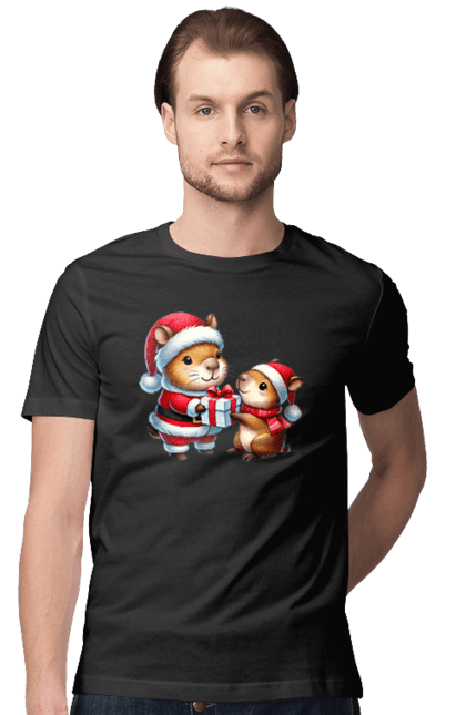 Men's t-shirt with prints Christmas Capybara with a Gift. Animal, capybara, christmas, christmas capybara, gift, holiday, new year, new year`s gift, santa. 2070702