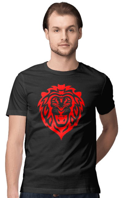 Футболка чоловіча з принтом "Лев". Великий кіт, голова, дика природа, звір, знак зодіаку, зодіак, лев, м`ясоїдний, морда, природа, стилізація, стилізований, стиль, тварина, хижак. ART принт на футболках