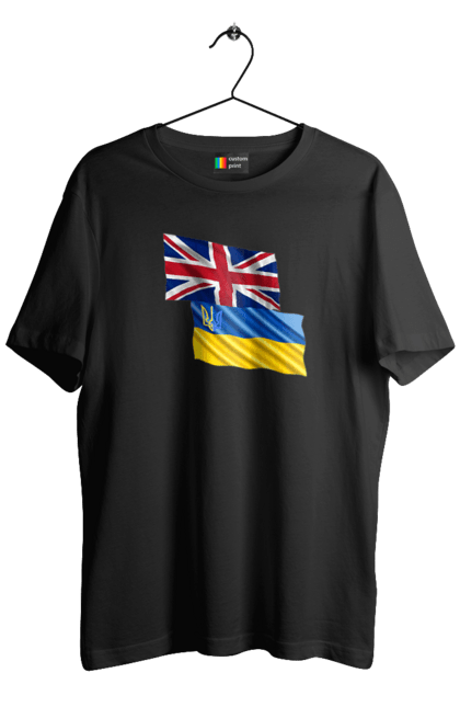 Футболка чоловіча з принтом "Прапор Великої Британії, прапор України, Підтримка України". Британія, велика британія, війна, киев, мир, національні кольори, прапор, прапор британії, прапор великої британії. 2070702