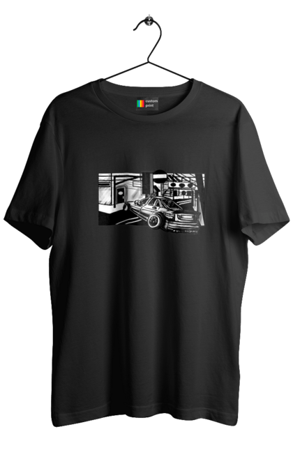 Футболка чоловіча з принтом "Небезпечний Автомобіль на дорогах вулиць". Автомобіль, гонки, машина, небезпечний, чорно білий, швидкий. 2070702