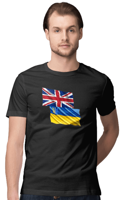 Футболка чоловіча з принтом "Прапор Великої Британії, прапор України, Підтримка України". Британія, велика британія, війна, киев, мир, національні кольори, прапор, прапор британії, прапор великої британії. 2070702