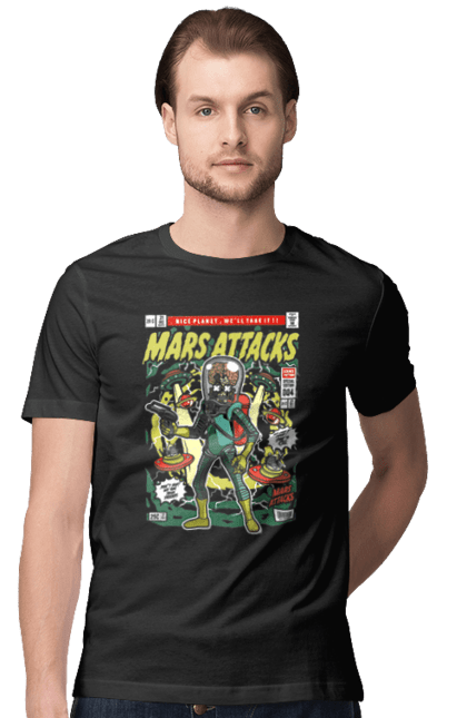 Футболка чоловіча з принтом "Mars Attacks". Атаки на марс, інопланетянин, марс, напад, плівка. Funkotee