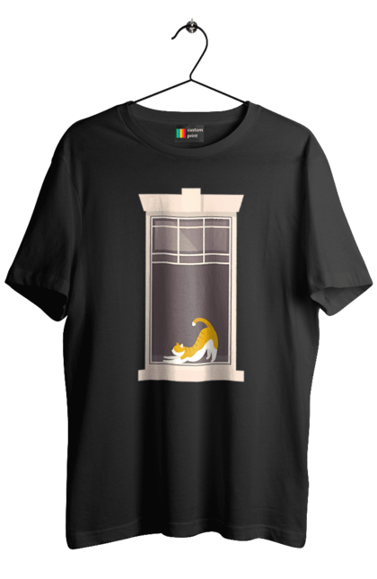 Футболка чоловіча з принтом "Кіт В Вікні". Вікно, кіт, потягушки, рудий. 2070702