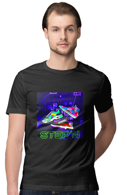 Футболка чоловіча з принтом "Step`n". Віртуальні кросівки, крипта, криптовалюти, нфт, нфт кросівки, солана, степен. 2070702