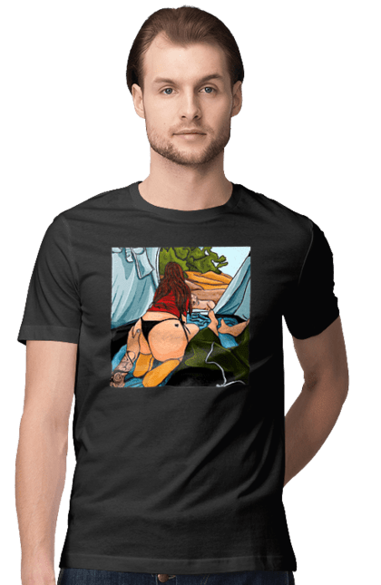 Футболка чоловіча з принтом "Відпочинок З Улюбленою У Палатці". Відпочинок, жопа, палатка, собака. 2070702