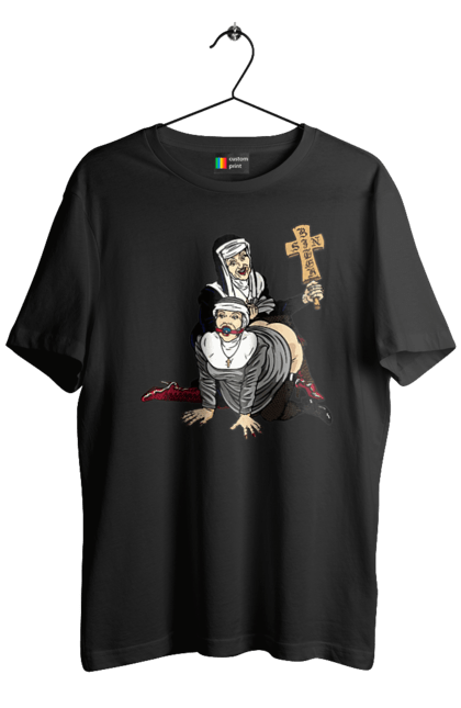 Футболка чоловіча з принтом "Монашки БДСМ". Бдсм, крута, модна, молодіжна, плескає по дупі, рок, рольові ігри, черниці бдсм, черницю, черниця. 2070702