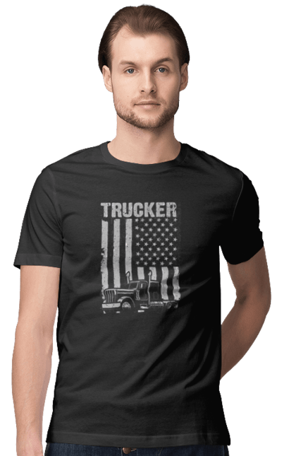 Футболка чоловіча з принтом "Дальнобійник". Trucker, авто, вантаж, далекобійник, прапор, прапор сша, сша, фура. KRUTO.  Магазин популярних футболок